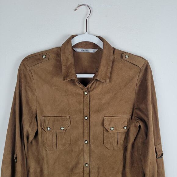 Zara Shirt Women Medium Brown Suede Button Down Western Boho Military Epaulettes - Picture 2 of 12
